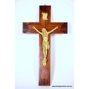 A vintage French gilt and timber crucifix. Length 30.5 cm.…