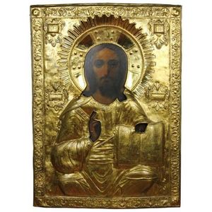Russian icon Christ Pantocrator painted on a timber backing…