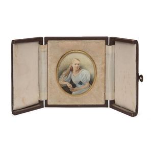 A miniature portrait painting in gilt metal oval frame, housed…