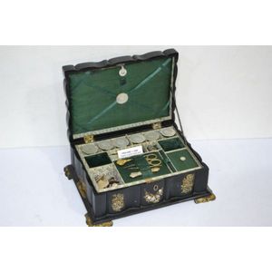 Superb black lacquered papier mache sewing box decorated with…