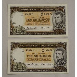 Two Australian 10 shillings banknotes high grade AG95 086627…