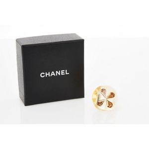 Chanel Goldtone Metal/Beige Resin/Crystal CC Cocktail Ring Size 6