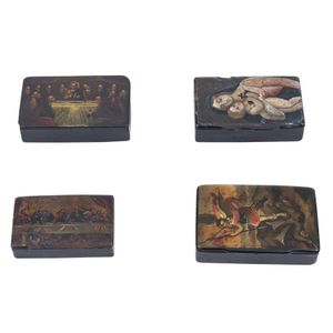 Four printed papier mache snuff boxes, 19th century, each…