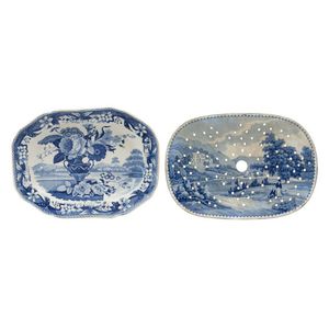 A Staffordshire blue and white meat platter and mazarine, circa&hellip;