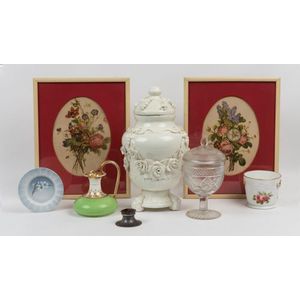 Two floral prints, glass bon bon dish, Spanish porcelain urn,…