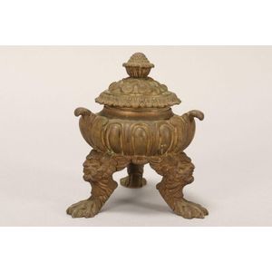 Late 19th century bronze inkwell, the cover set with acorn…