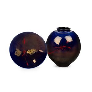 A lustre glazed stoneware pot and plate by Greg Daly, both in&hellip;
