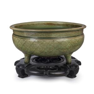 Chinese Longquan Celadon Censor with Geometric Design & Incised Rings Chinese Longquan Celadon Censor with Geometric Design & Incised Rings