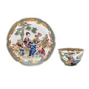 A enamelled ?Court lady and Children' cup and saucer. Qing…