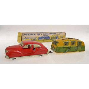 Mettoy 3306/It tinplate mechanical car and caravan trailer,…