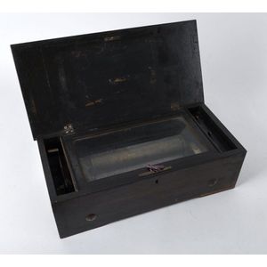 An antique music box in walnut case with floral marquetry inlay,…
