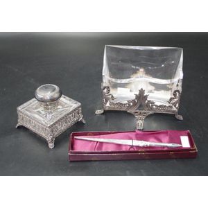 Three piece Whitehill pierced silver plate deskset with…