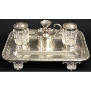 Victorian silver plate ink stand with fitted compartments and…