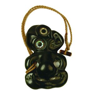 A pounamu hei tiki, dark kawakawa variety, carved by Mike Higgs,…