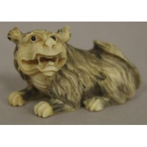 Japanese Ivory Mythical Dog Netsuke, Signed C1920 - Netsuke - Oriental