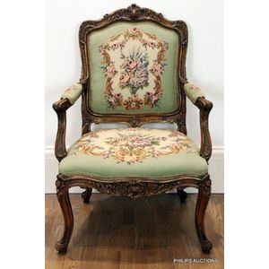 Antique Louis XV Style French Painted and Upholstered Open Arm