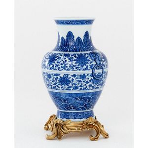 Blue and White Lotus Vase on Ormolu Stand - Blue & White - Ceramics