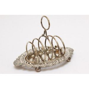 English silver plate toast rack, on pierced stand raised on…