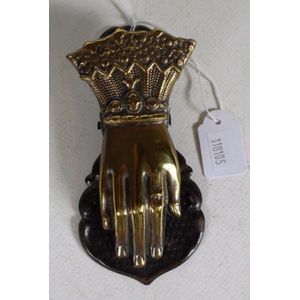 Victorian brass hand form document clamp, length 14 cm approx.