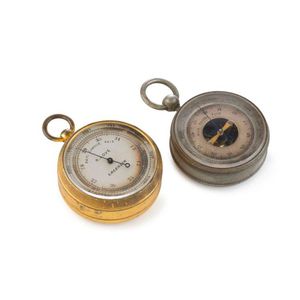 Two antique pocket barometers, nickel plate and gold plate,…