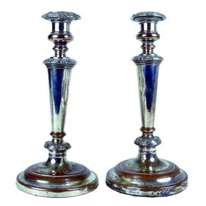 A pair of Old Sheffield Plate column candlesticks, with…