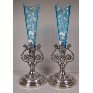 Pair vintage WMF silver plate & glass vases each blue glass…