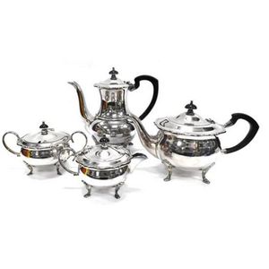 A silver plate tea service, Angus & Coote, includes a teapot,…
