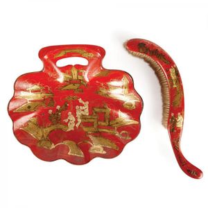 A papier mache Chinoiserie crumb tray and a brush circa 1920,…