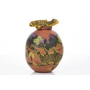 Rahel Ungwanaka (b. 1946), Yellow and Black Perentie Lidded Pot,…