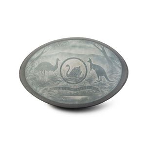 A carved emu egg with kangaroo, emu and swan 'Advance…