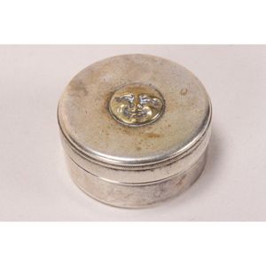 Novelty silver plate trinket box and cover, of cylindrical form,…