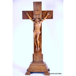 An antique French wood altar crucifix, early 20th century, a…