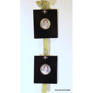 A pair of portrait miniatures in ebonised hanging frames, mid…