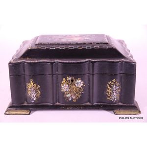 A Victorian papier mache and Abalone shell sewing box, 19th…