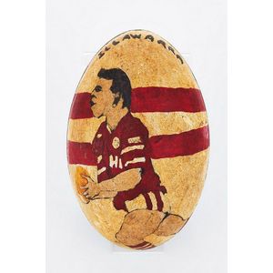 Emu egg, c. 1990, painted design of an Illawarra steelers…