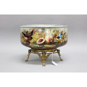 Antique French hand painted jardiniere showing, birds & fruits,…