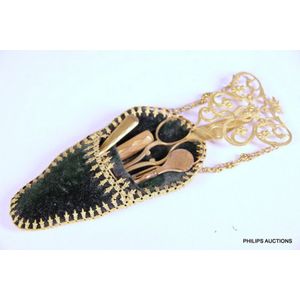 An antique velvet and gilt chatelaine etui, 19th century, the…
