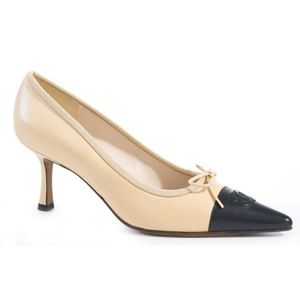 Chanel Black Beige Leather Metal Camellia Wedge Shoes Patent