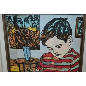 David Bromley 'Young Boy Reading' woven fabric and mixed media,…