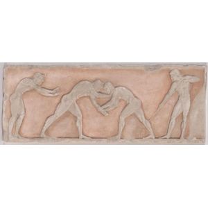 A plaster relief wall plaque of classical Greek wrestling scene,…