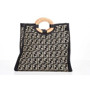 CELINE VINTAGE TOTE, monogrammed cloth with raffia and double cord closure,  fabric lining with dust bag, 35cm x 37cm H and another monogrammed black  cloth with leather trims and handle, with dust