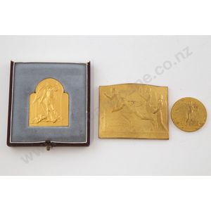Three Art Nouveau Award medallions boxed labelled J. Fonson…