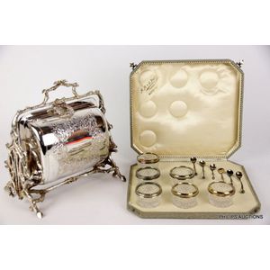 A Victorian silver plate folding biscuit barrel, and a cruet…