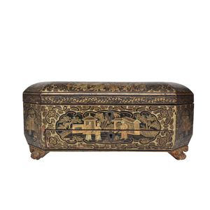 Sewing box late 19th century, fitted, Oriental lacquer, heavily…