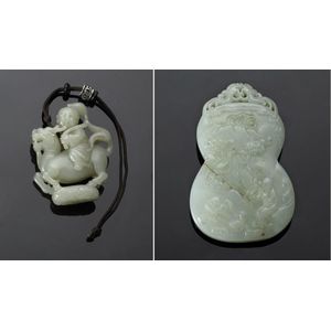 Celadon Jade Carvings: Boy On Kylin & Double Gourd Pendant - Zother 