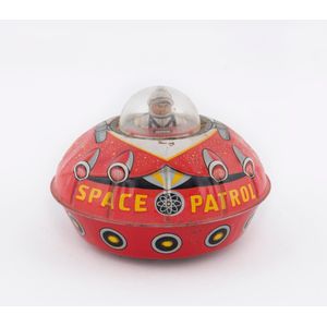 Space patrol tinplate wind-up spaceship by Takatou, Japan;…