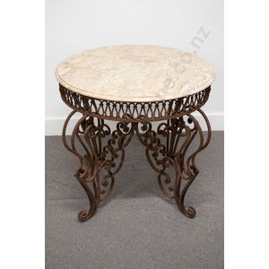 French wrought metal marble top circular garden table with four…