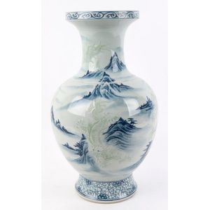 A Chinese blue and white porcelain mantel vase with embossed…