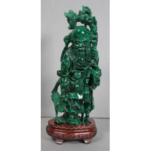 Chinese malachite Shou Lao figurine, on carved wooden base, 18.&hellip;