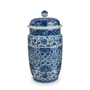 A Chinese blue and white lidded porcelain vase with geometric…
